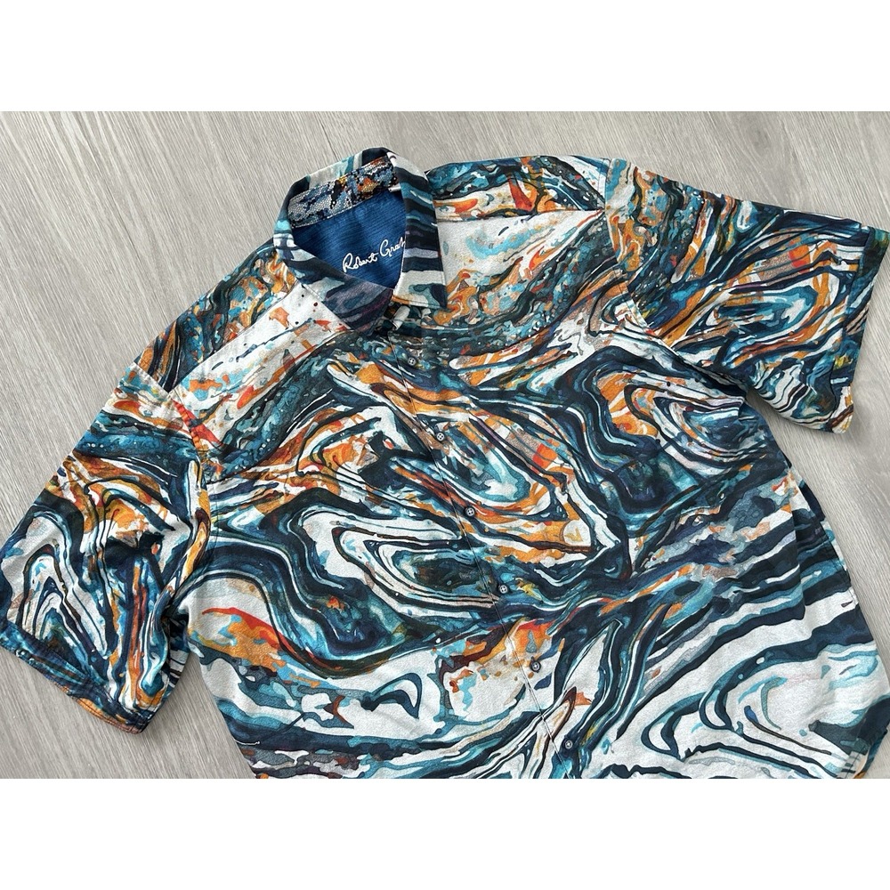 Robert Graham Beachmont Woven Cotton Abstract Oceanic Print S/S Sport Shirt 1XLT